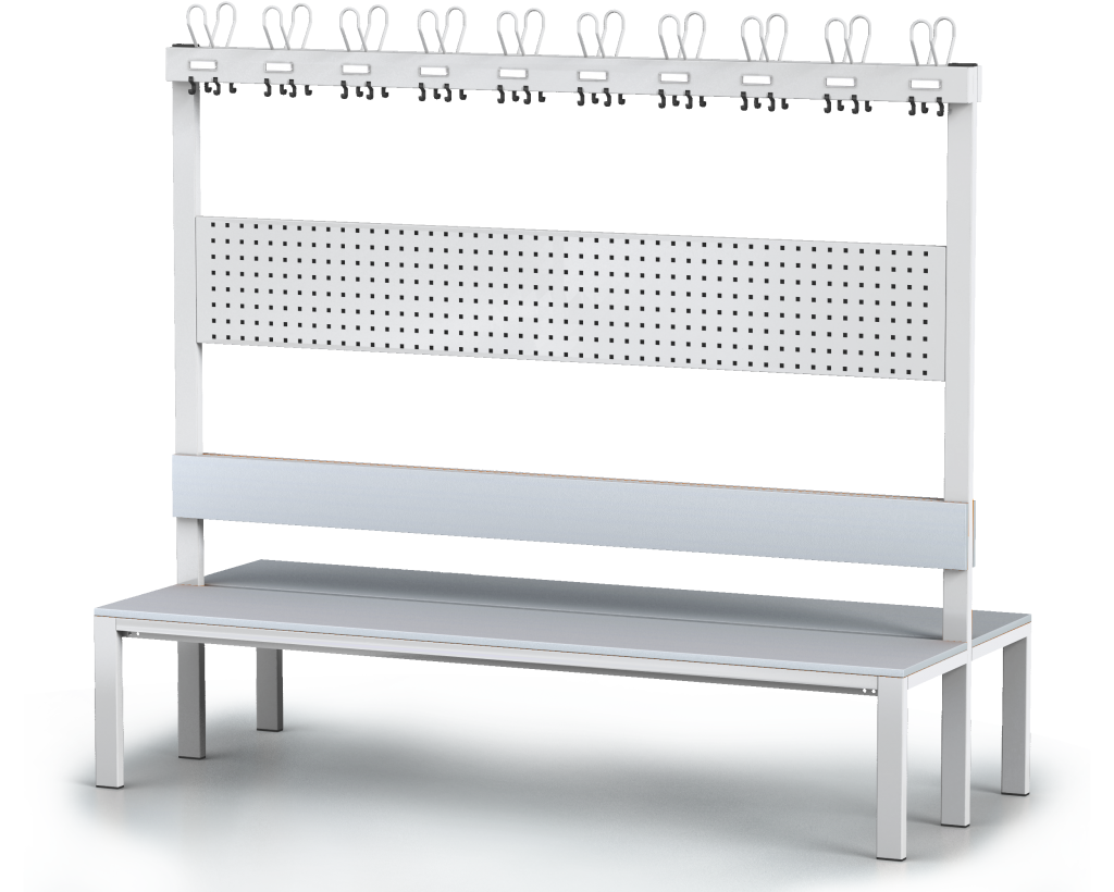 Oboustranná lavice s opěradlem a věšáky, lamino deska - základní provedení 1800 x 2000 x 830